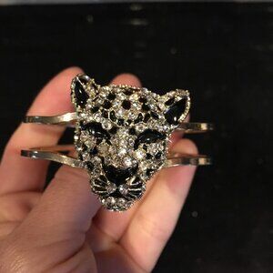 Neiman Marcus Rhinestone Black Enamel Jaguar Bangle Bracelet